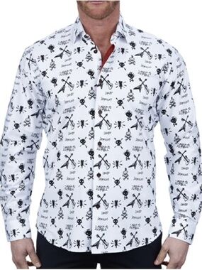 MACEOO Fibonacci Rock & Roll Shirt White Skull Guitar Indie Sleaze Button Up M